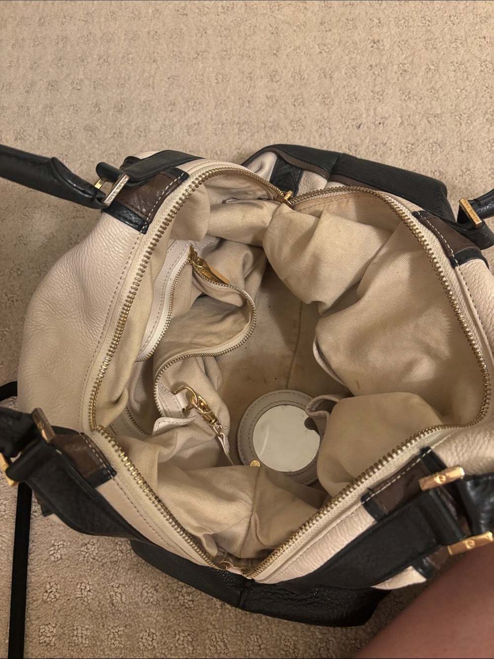 Tory Burch Cream and Brown Pebbled Leather Shoulder Bag with Black Trim - Picture 5 of 6